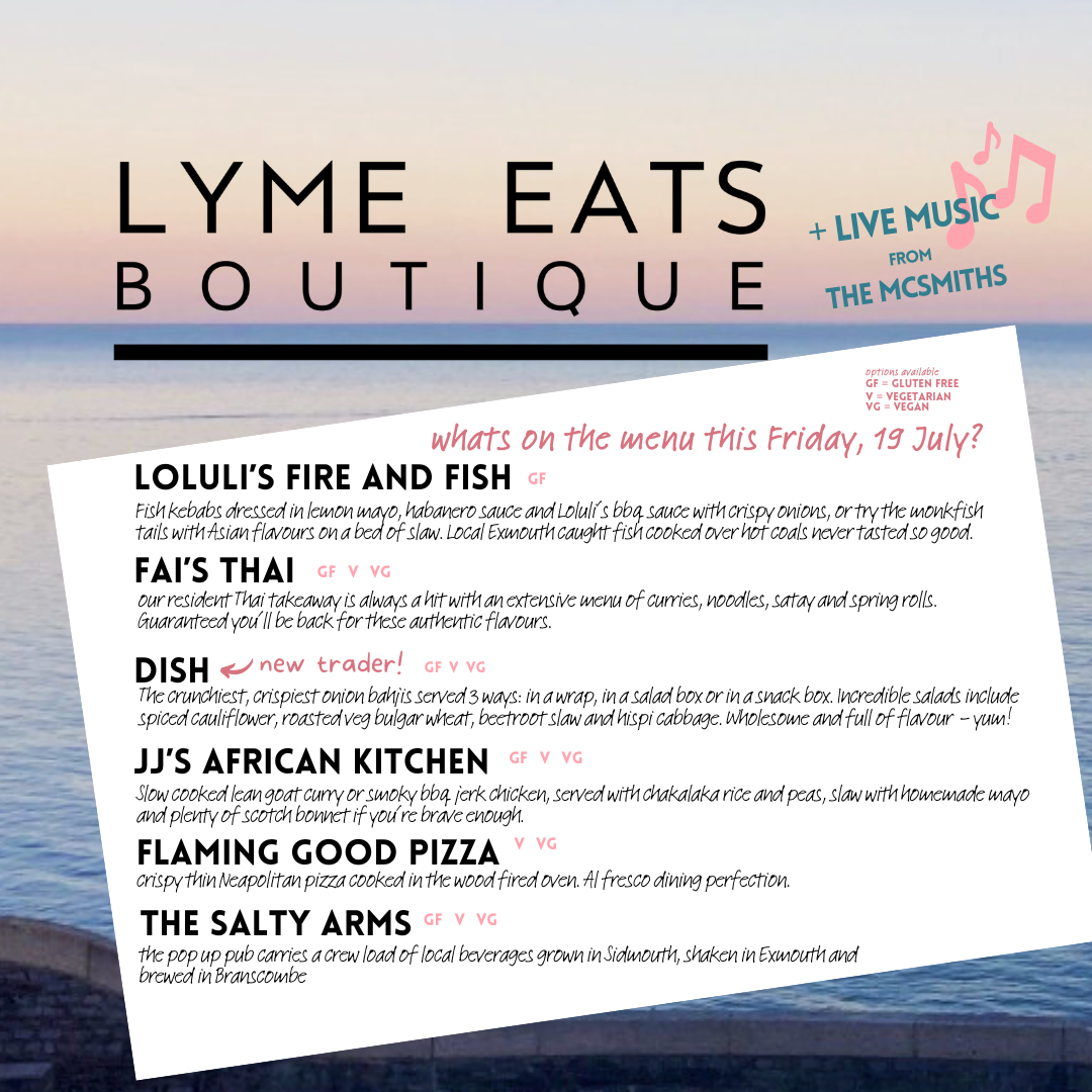Lyme Regis street food market menu includes pizza, Thai, Indian, local fish and African flavours