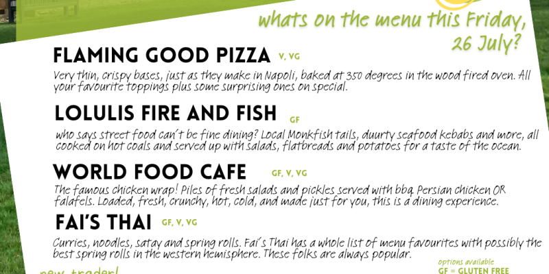 street food market Axminster includes pizza, Thai, Persian, local fish and sweets. Plus mobile bar The Salty Arms