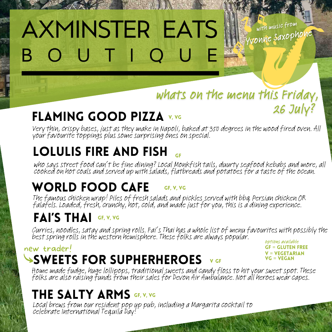 street food market Axminster includes pizza, Thai, Persian, local fish and sweets. Plus mobile bar The Salty Arms