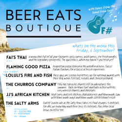 Beer Eats street food market food fair evening free with Thai, pizza, barbecue, Caribbean and South African, Spanish and local beverages from mobile bar The Salty Arms