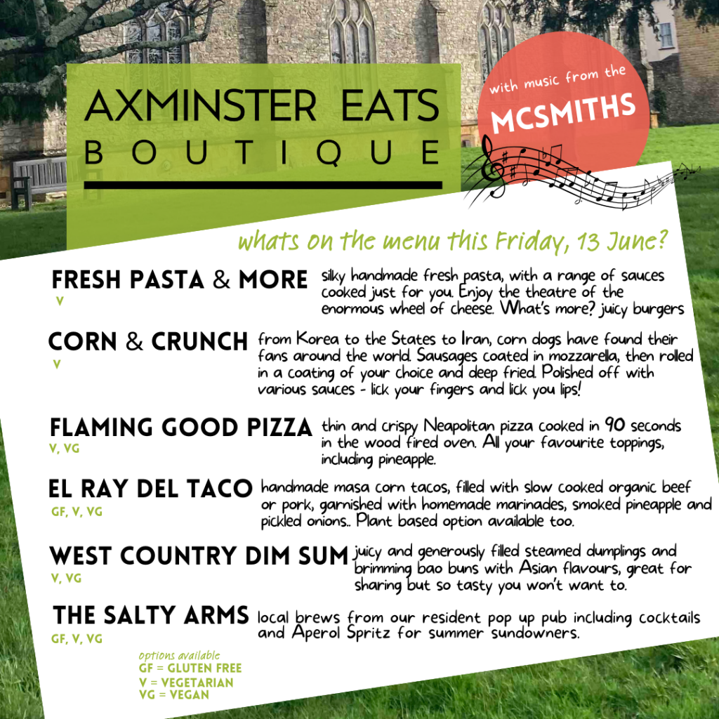 Axminster street food market menu includes pasta, corn dogs, pizza, tacos, dim sum and a bar