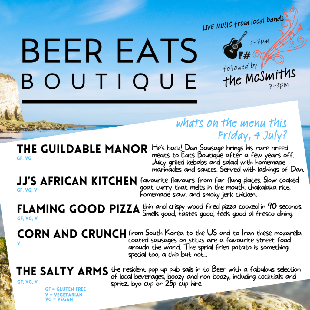 Beer village street food market event Friday 4 July 2025 includes pizza, rare breed meat kebabs, corn dogs, Caribbean goat curry and local beverages