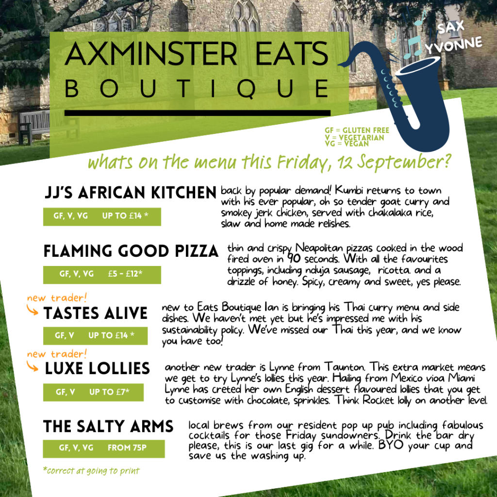 street food market Axminster menu with Thai, Caribbean, pizza and Mexican lollies